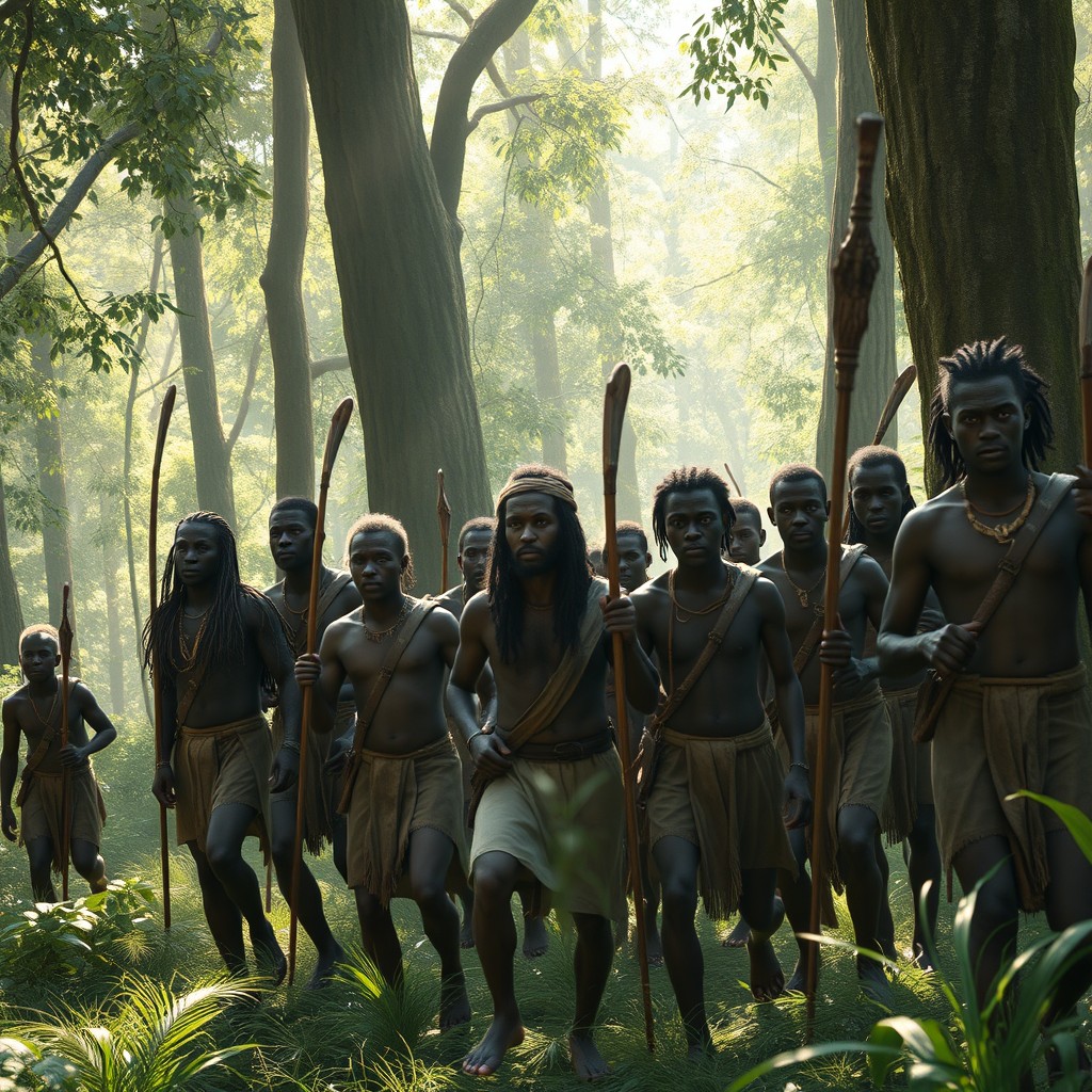 A captivating scene illustrating a group of black African men, dressed in tribal attire, leading a line of white cavemen as prisoners through a dense, green forest