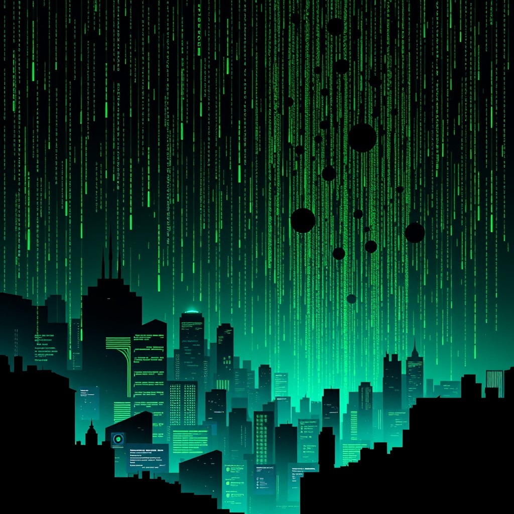 An artistic LinkedIn banner that captures the spirit of machine learning through the lens of a 90s hacker and Matrix movie vibe