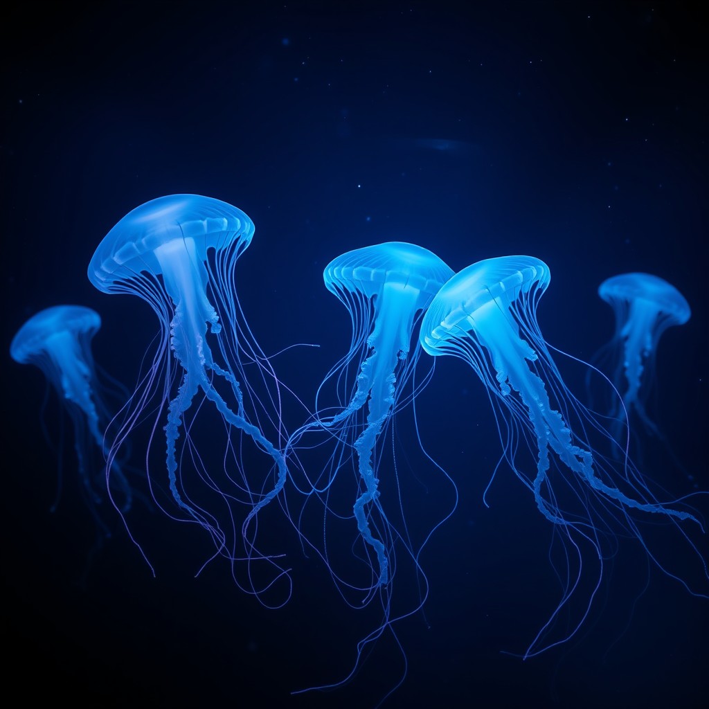 An artistic LinkedIn banner that creatively represents deep learning models through the imagery of jellyfish in the sea