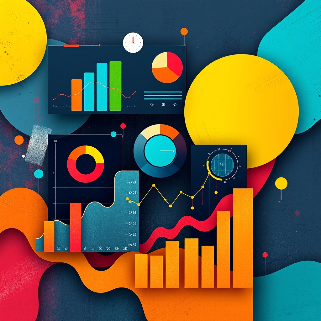 A visually striking piece of art that combines elements of data visualization and contemporary design, featuring bold graphs, colorful charts, and abstract shapes that represent various data insights