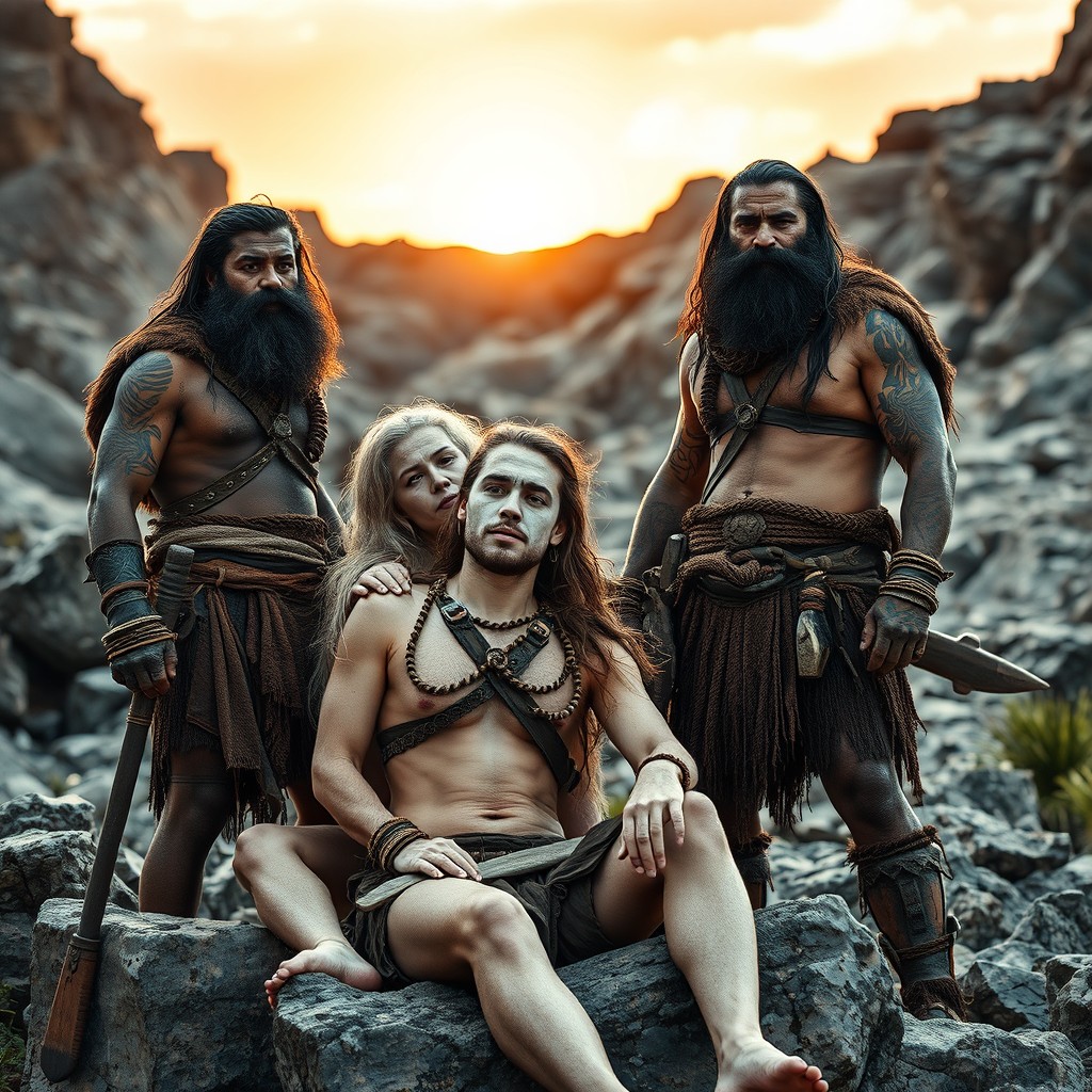 A powerful scene portraying black bearded men standing guard over white cavemen and cavewomen in a rugged, prehistoric environment