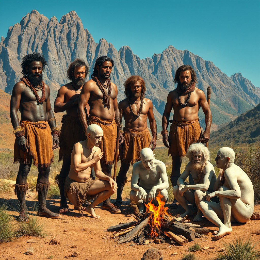 A striking scene depicting a group of African men standing guard over a gathering of white cavemen and cavewomen in a prehistoric landscape