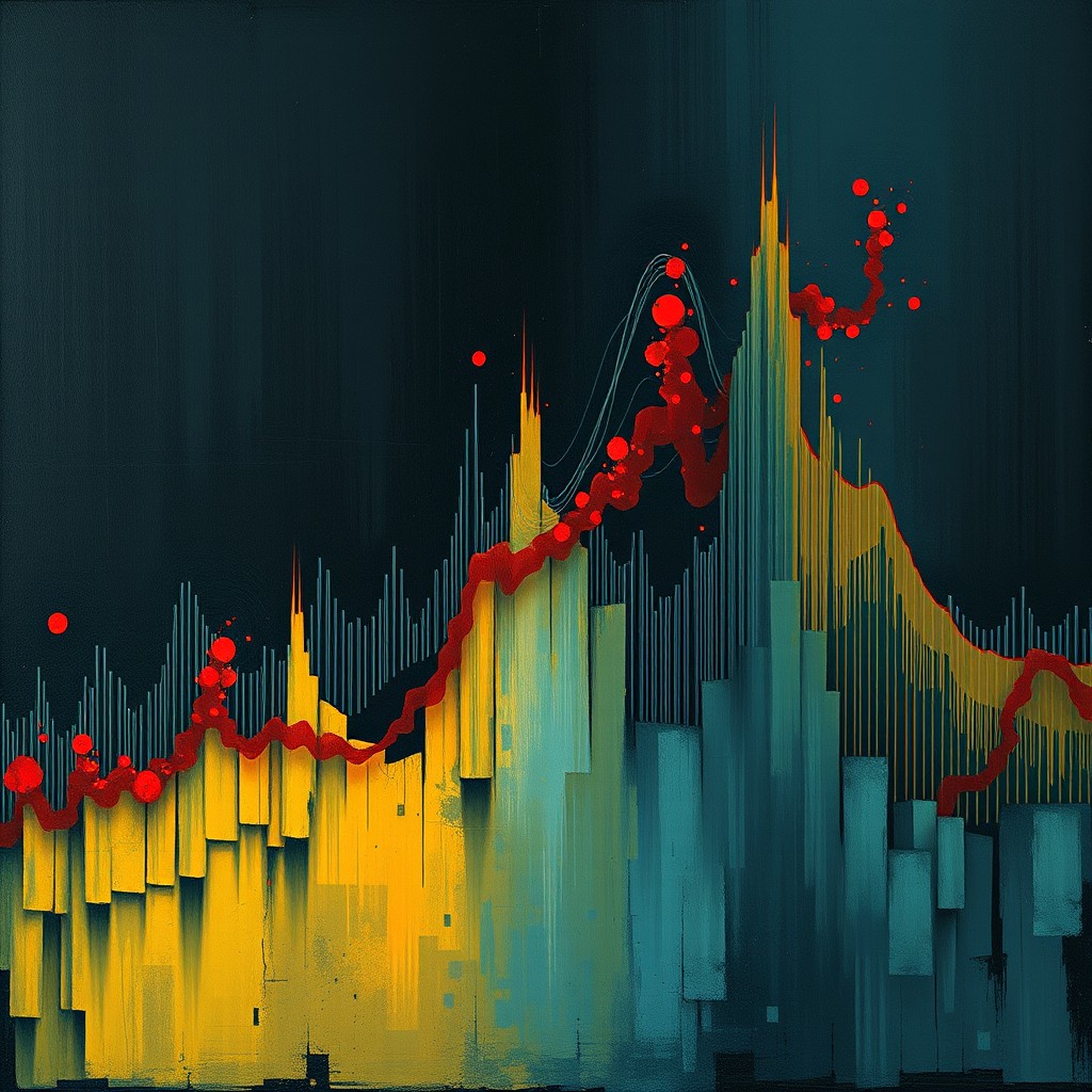 An abstract art piece that vividly represents an entire data distribution with prominent outliers, capturing the essence of an elevation graph in a mysterious and cryptic manner