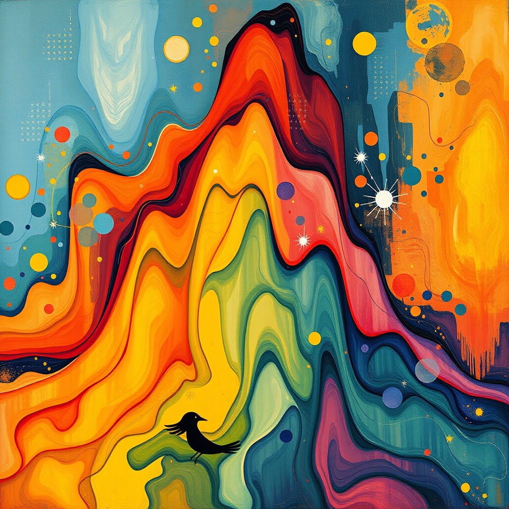 An abstract art piece that vividly represents an entire data distribution with noticeable outliers, unmistakably designed as an elevation graph