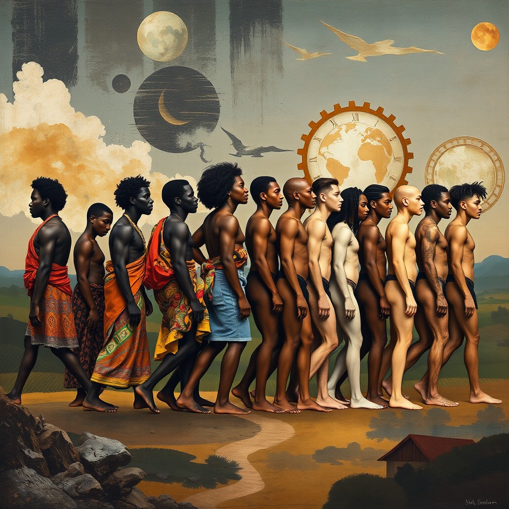 A thought-provoking scene illustrating a gradual evolution of black individuals into white individuals, set against a backdrop of an abstract representation of time and change