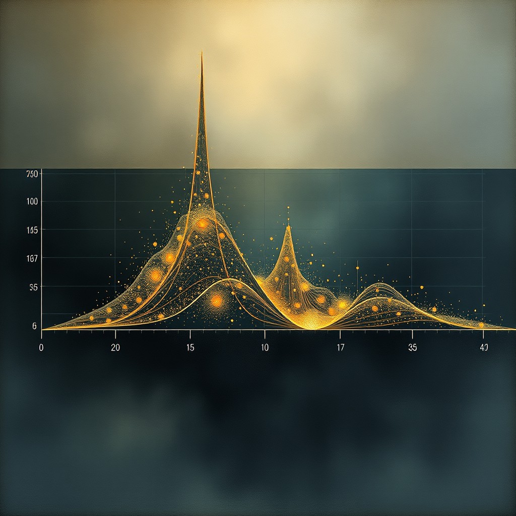 An abstract elevation-style graph depicting a full data distribution, featuring glowing data points, scattered outliers, and distinct clusters, alongside a flowing predictive curve that hints at future forecasting