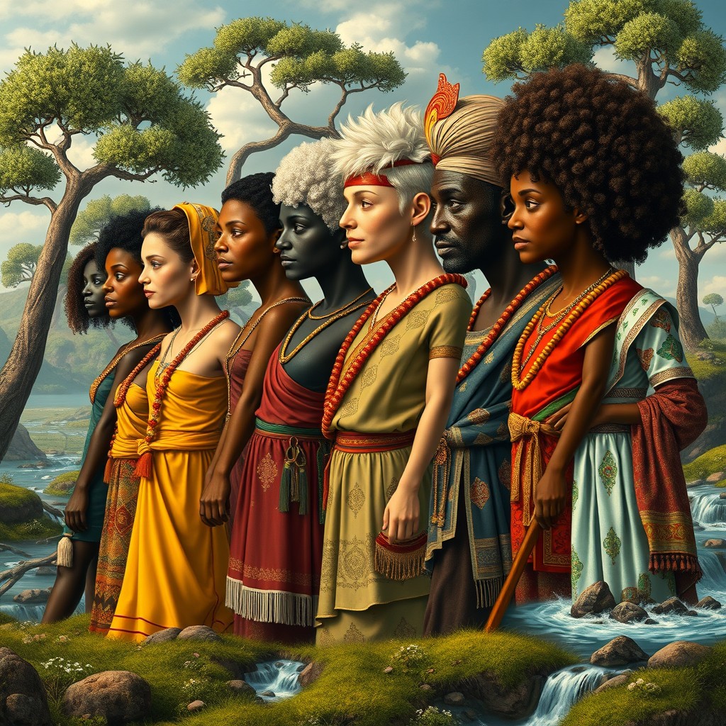 An artistic representation of the gradual evolution of black individuals into white individuals, capturing the diversity of human features and cultural expressions