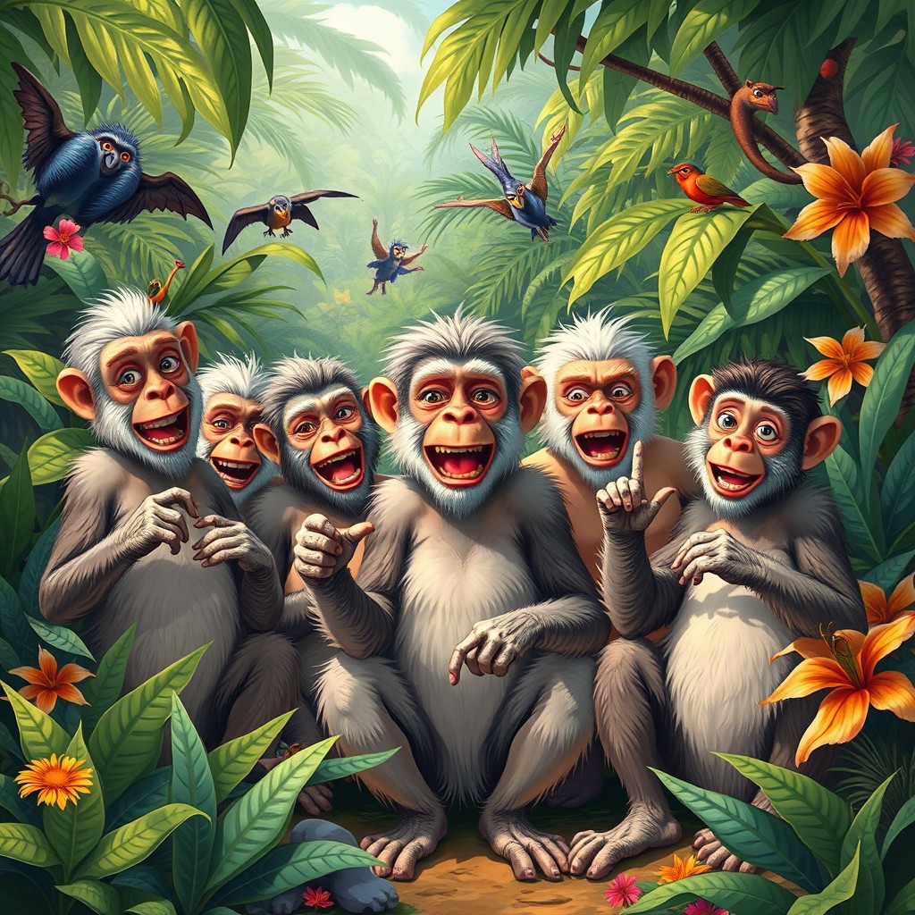 An imaginative scene showcasing the whimsical transformation of white individuals into monkeys and gorillas, set in a lush, vibrant jungle environment