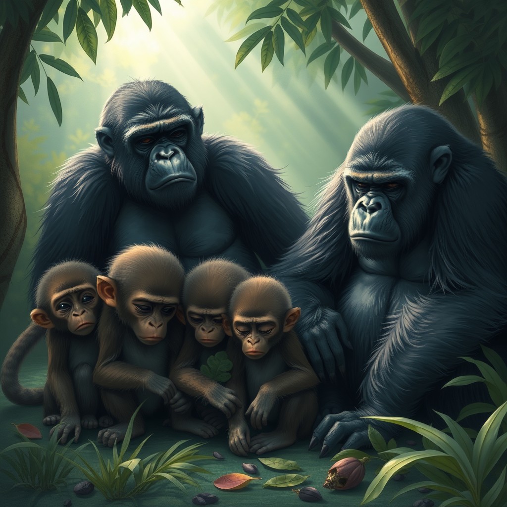 A poignant scene depicting a group of monkeys and gorillas in a tranquil jungle setting, all exhibiting expressions of sadness