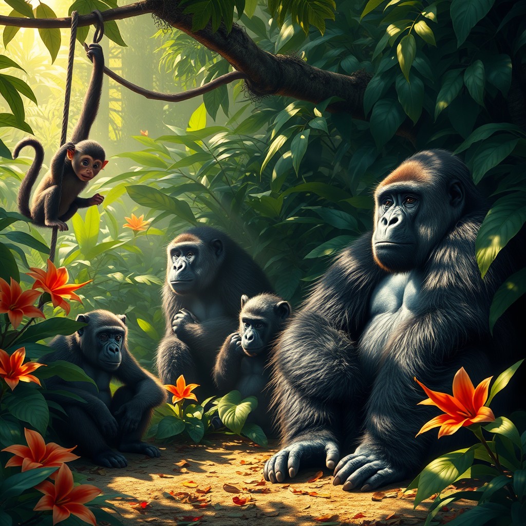 A lifelike depiction of monkeys and gorillas in their natural habitat, showcasing the remarkable detail of their fur textures and expressive facial features