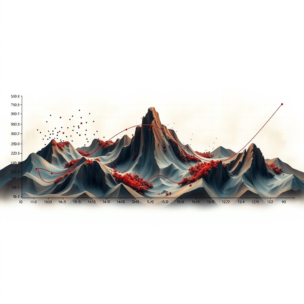 An abstract elevation-style graph illustrating a complete data distribution, incorporating visible data points, scattered outliers, and distinct clusters, accompanied by a flowing predictive curve that suggests future forecasting