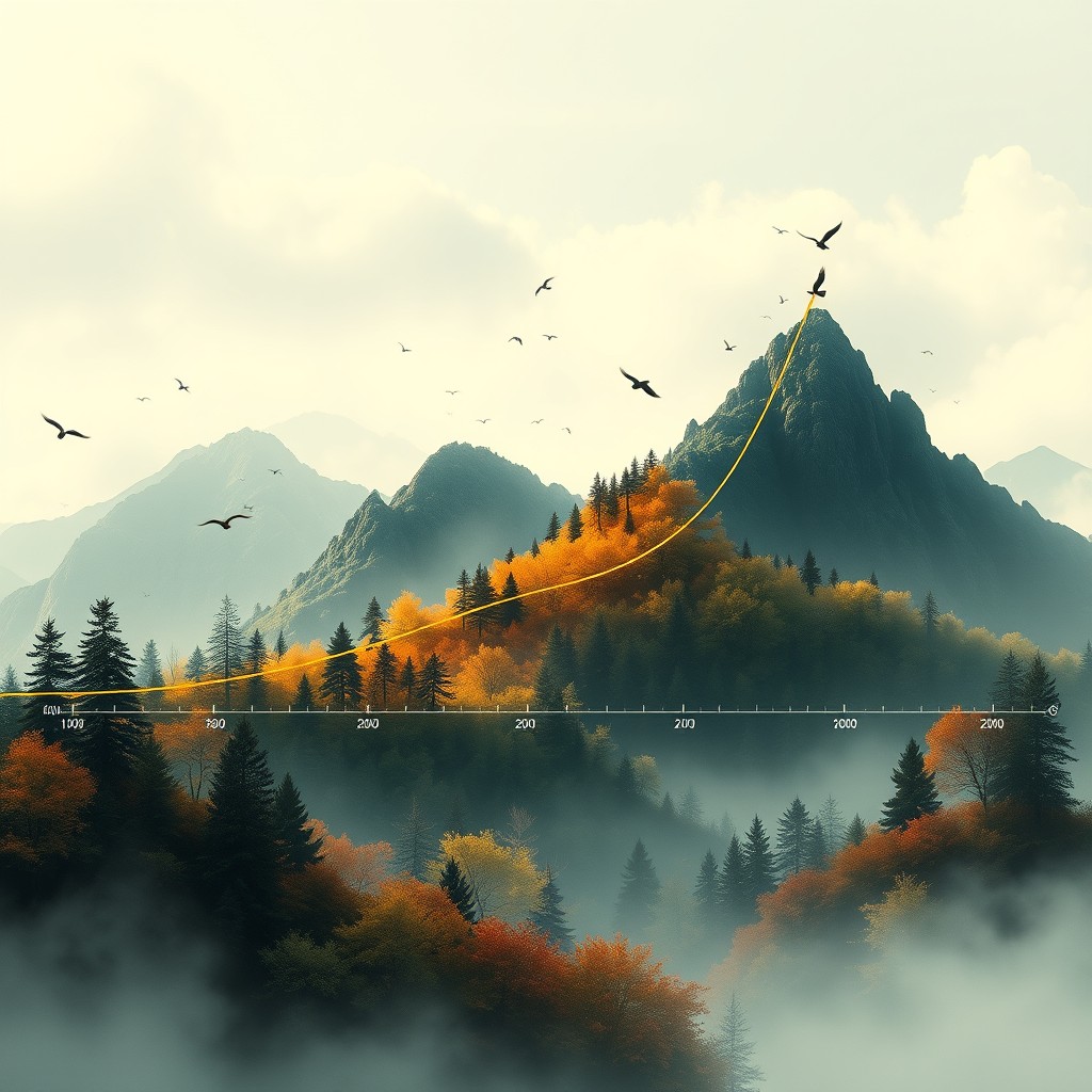 An abstract elevation-style graph that represents a full data distribution, showcasing visible data points depicted as trees and mountains, with scattered outliers represented by birds