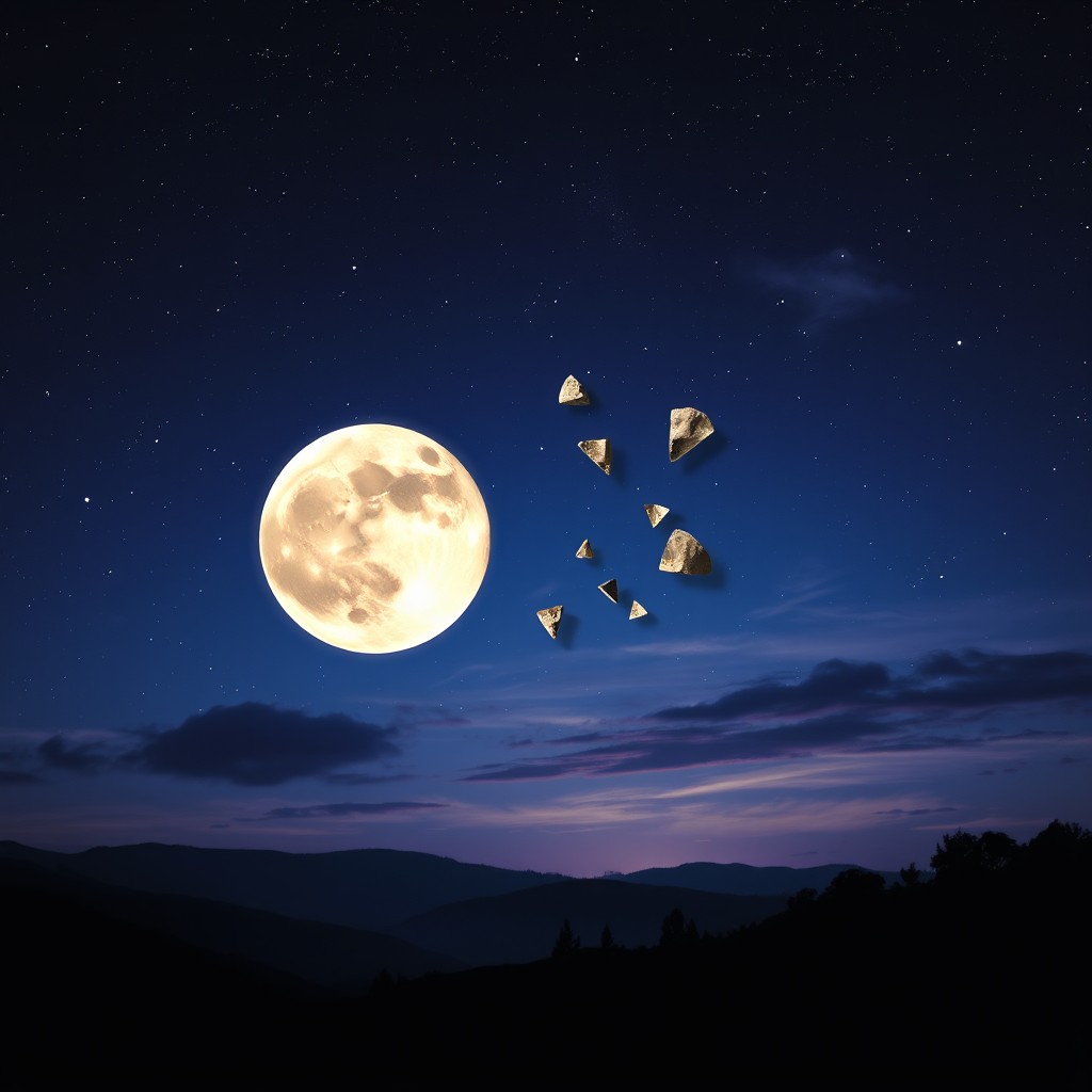 A dramatic and surreal scene depicting the moon splitting in two against a starry night sky