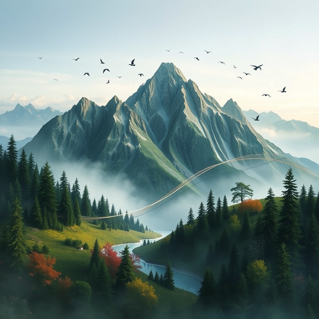 An abstract elevation-style graph that creatively represents a complete data distribution, utilizing a landscape as the backdrop where mountains symbolize the distribution and trees represent the data points