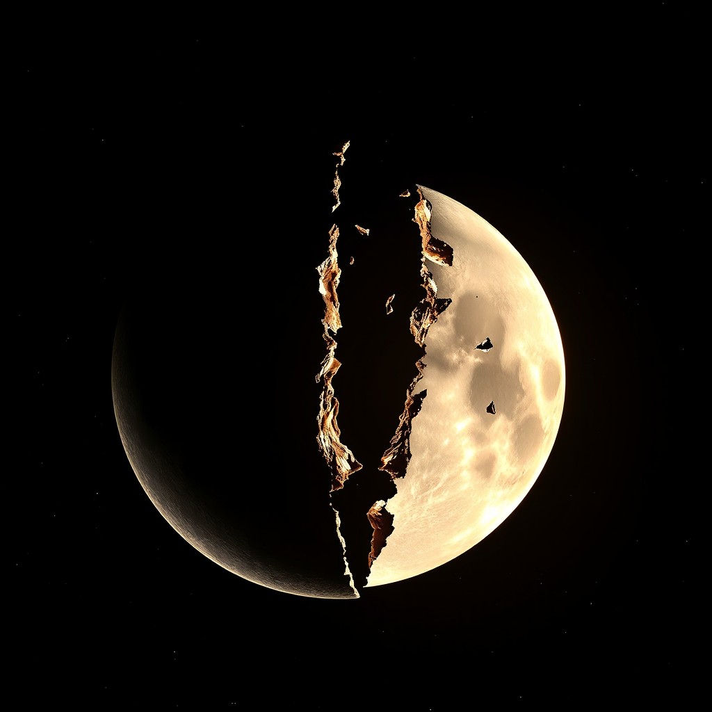 A highly realistic and dramatic image of the moon splitting in two, capturing the moment with stunning detail