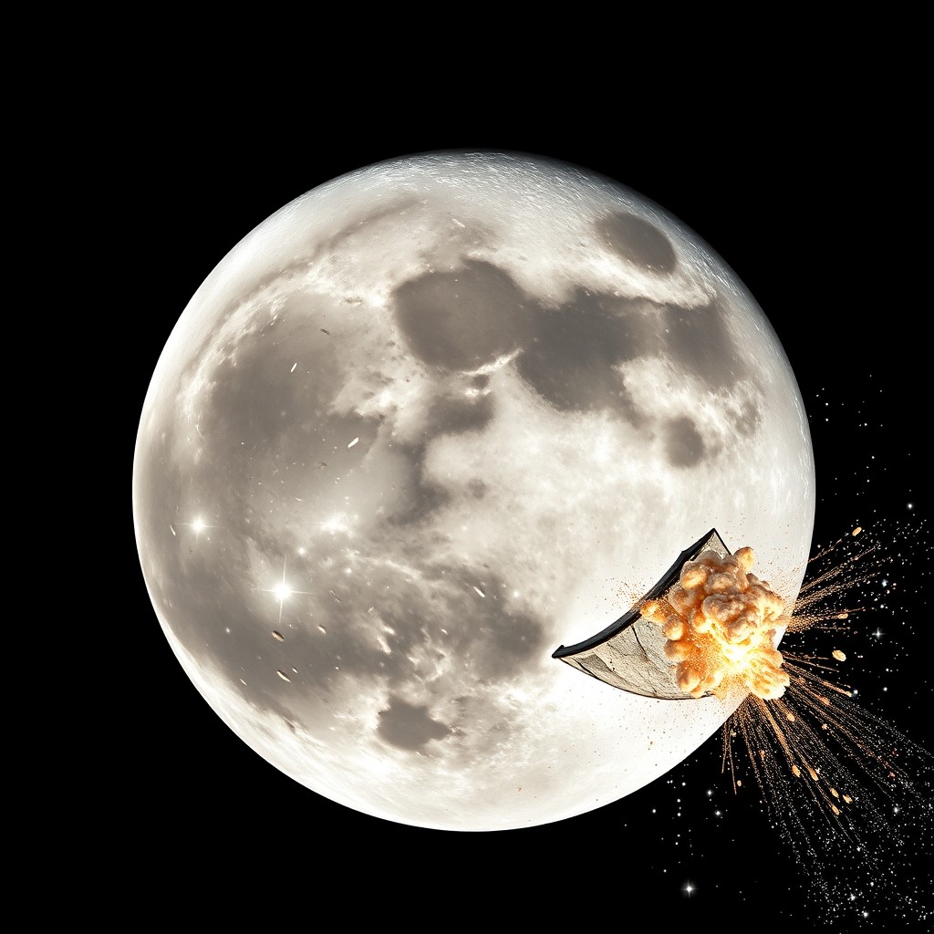 A strikingly realistic image of the moon with a portion of it being dramatically blown off, showcasing dynamic movement and energy