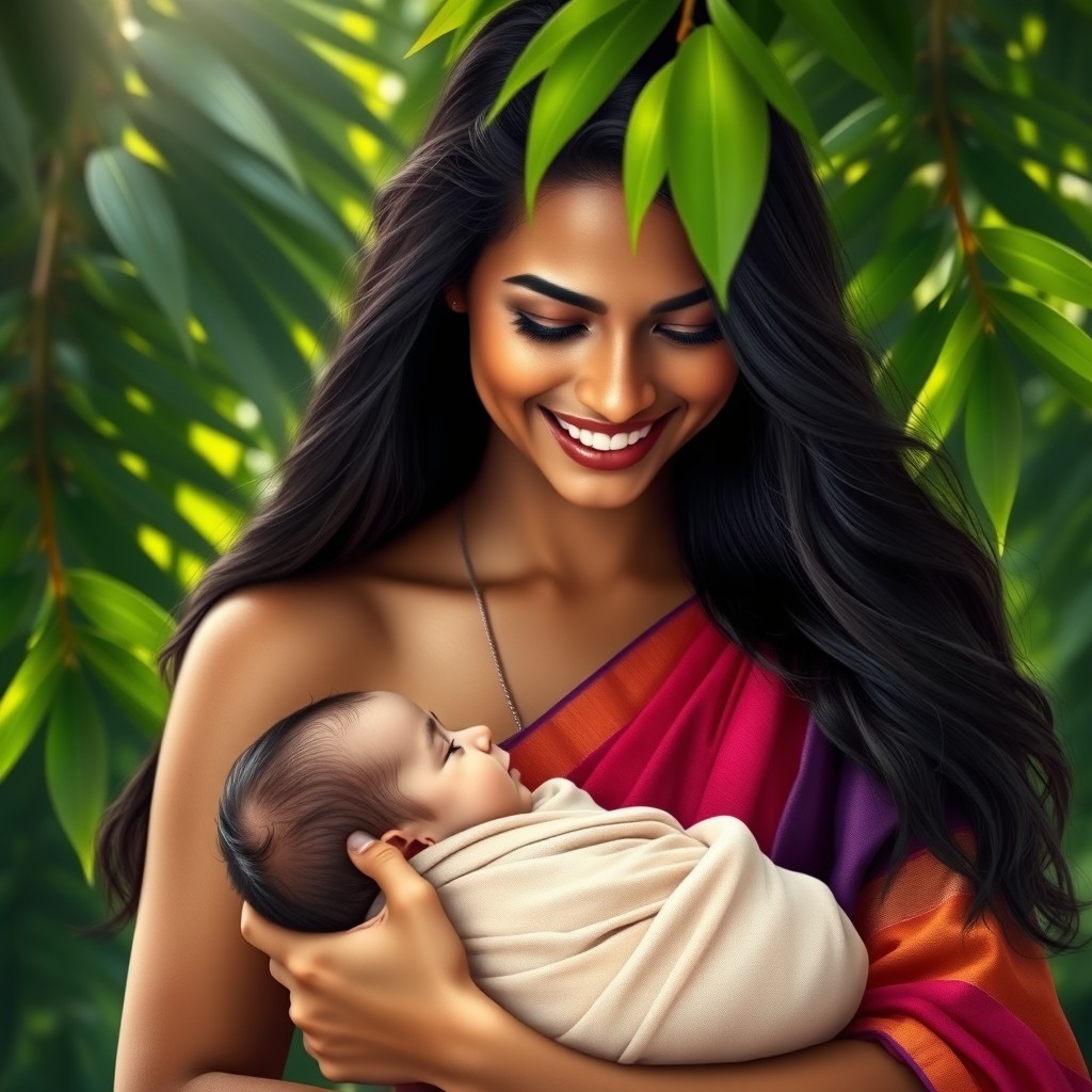 A realistic portrait of a 30-year-old woman from Kerala, India, with a gentle smile and warm brown skin