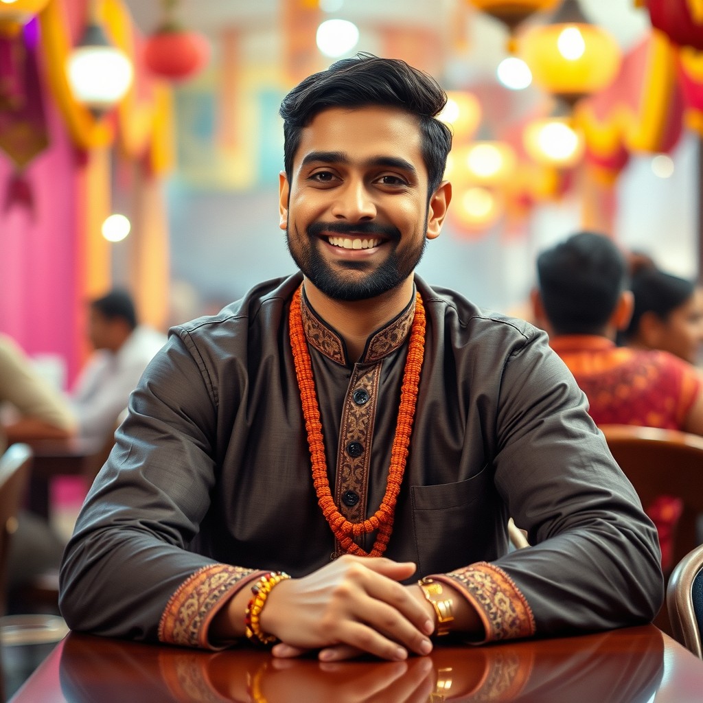 A vibrant and dynamic scene featuring an Indian-looking man with a warm smile, sitting confidently at a table