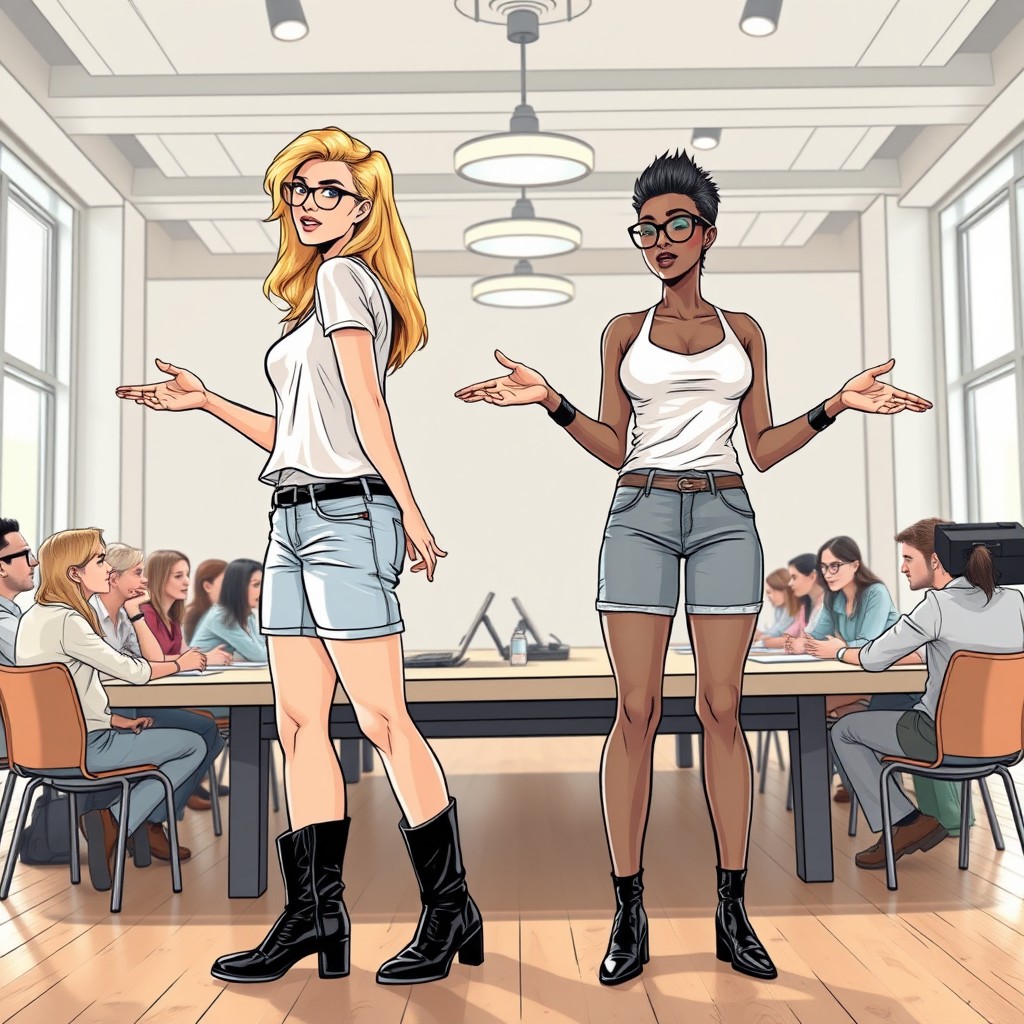 A full-length image of two tall, fit women in a comic book art style