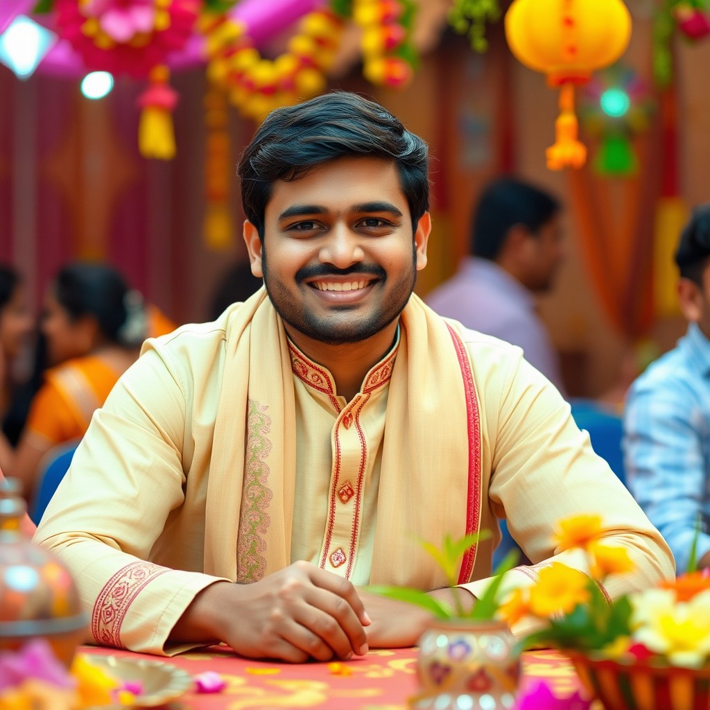 A vibrant and lively scene featuring an Indian-looking man with a friendly smile sitting confidently at a table