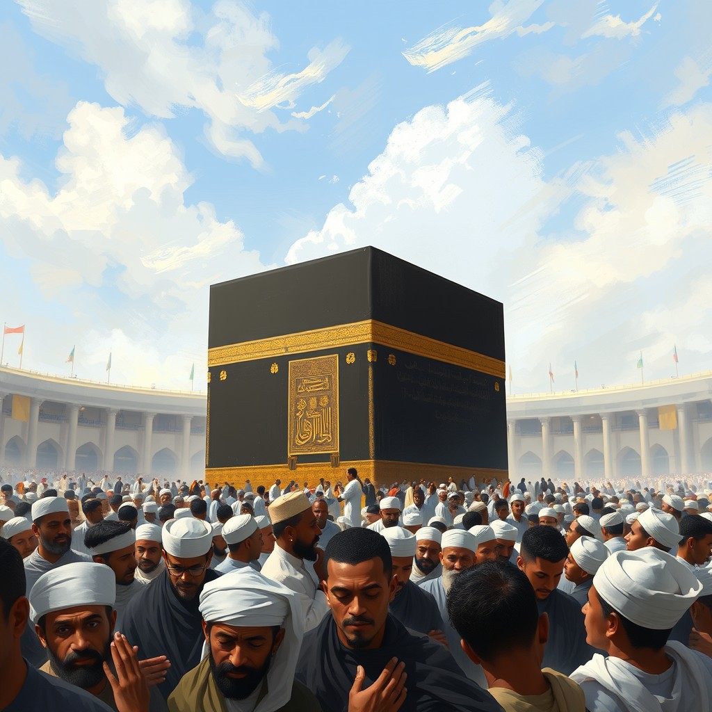 An artistic depiction of the Kaaba, the sacred structure located in Mecca, surrounded by a diverse group of black men in traditional attire