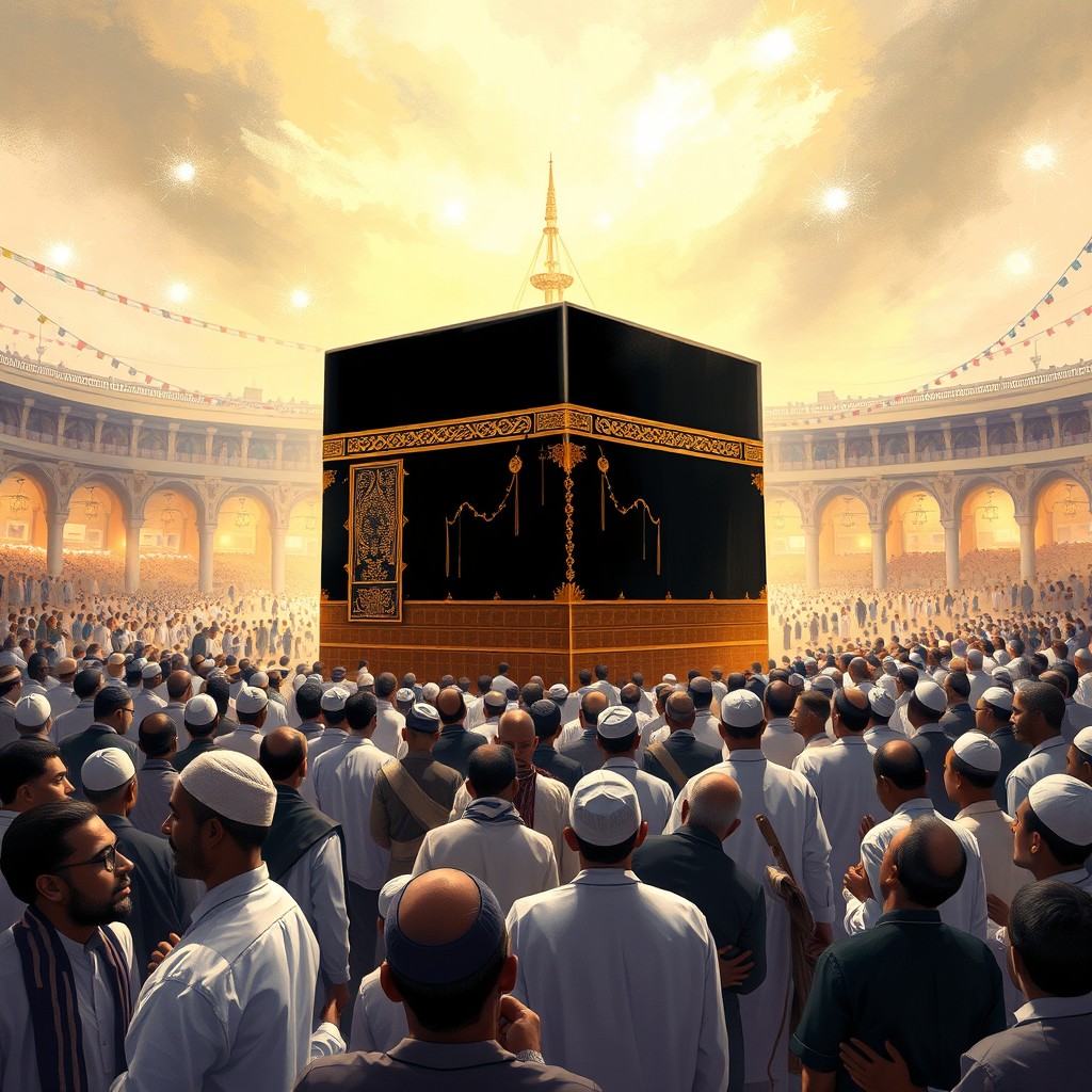 A vibrant and respectful depiction of the Kaaba, the holy structure located in Mecca, surrounded by a diverse group of black men dressed in traditional Islamic attire, including ihram