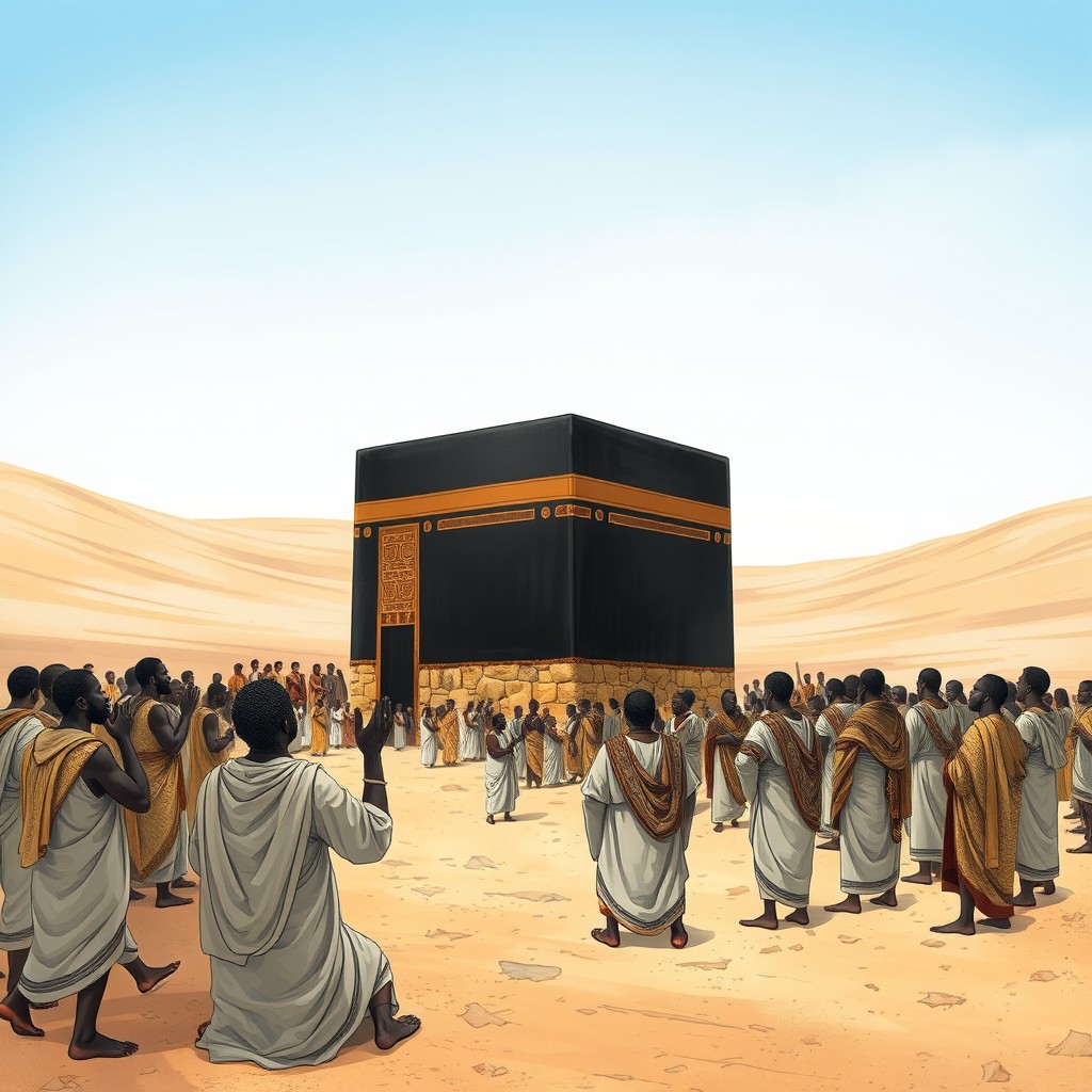A captivating illustration of the ancient Kaaba, depicted without walls surrounding it, showcasing its original structure as a sacred site