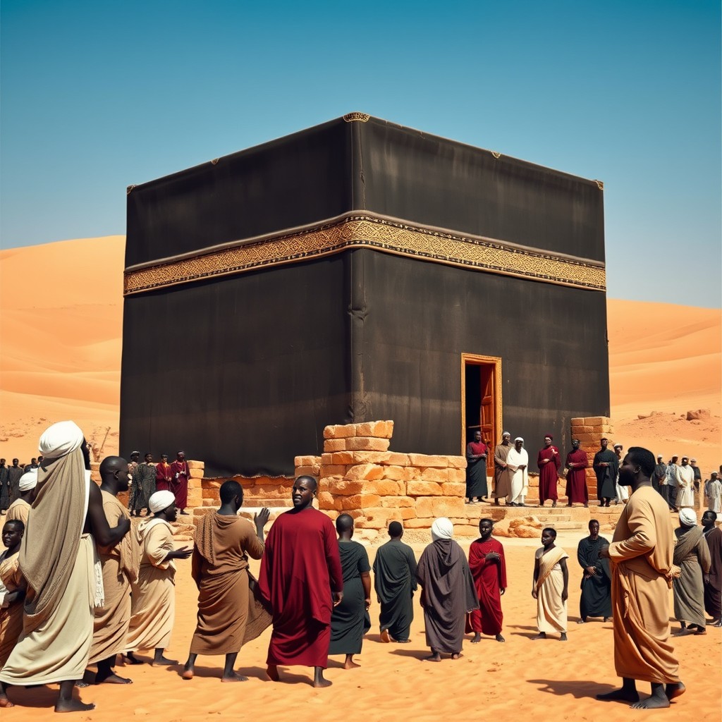 A hyper-realistic photograph quality image of the ancient Kaaba, depicted without walls surrounding it, showcasing its original stone structure and simplicity