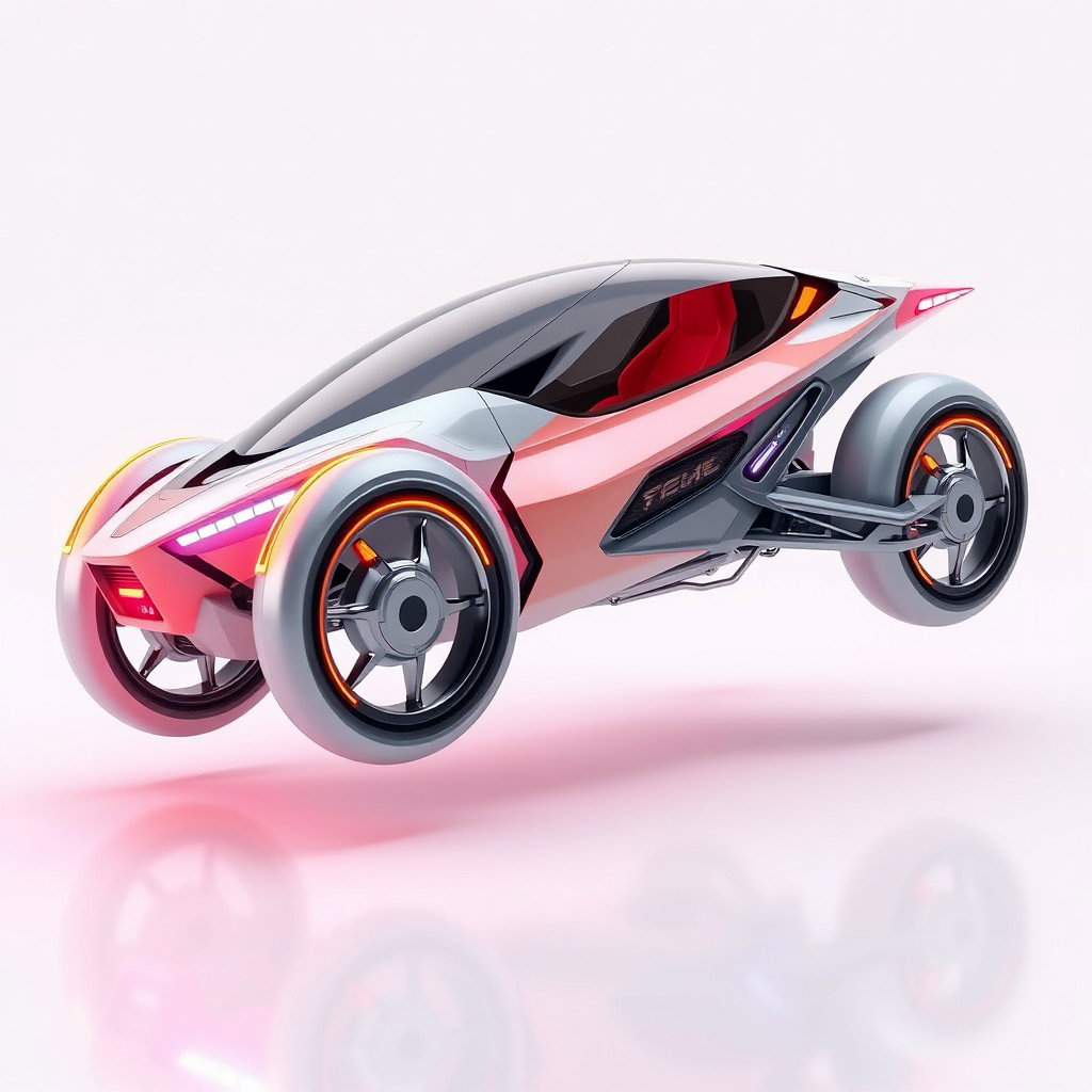 A creative 3D design of a futuristic vehicle featuring sleek aerodynamic shapes, intricate details, and vibrant colors, showcasing a unique style without any wheels