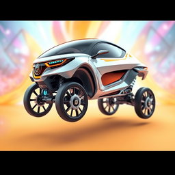 A creative 3D design of a futuristic vehicle featuring sleek aerodynamic shapes, intricate details, and vibrant colors, showcasing a unique style without any wheels