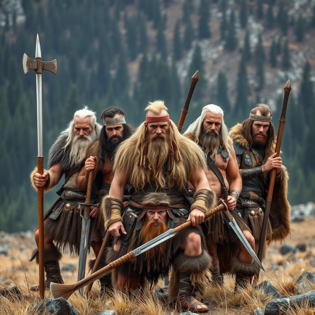 A dramatic and artistic depiction of a group of individuals embodying the characteristics of ancient warriors and tribal leaders, inspired by historical portrayals of barbarian cultures