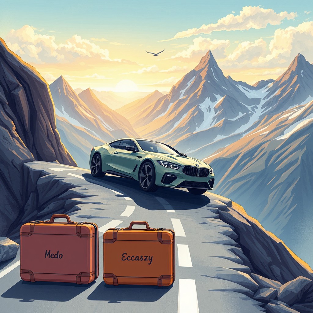 A stunning illustration depicting a powerful car ascending a steep mountain, symbolizing the journey towards personal growth and motivation