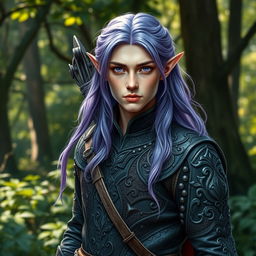 A realistic depiction of an elf standing confidently in a forest setting