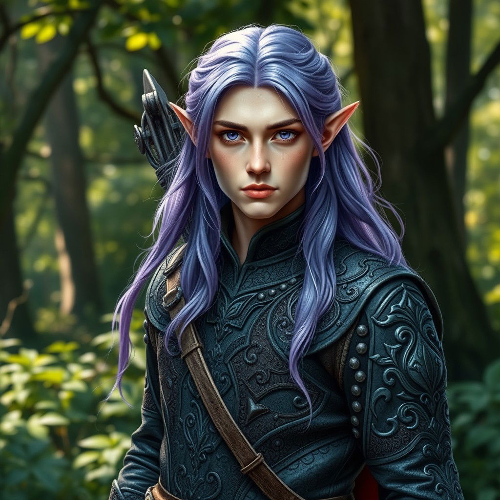 A realistic depiction of an elf standing confidently in a forest setting