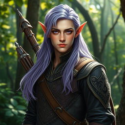 A realistic depiction of an elf standing confidently in a forest setting