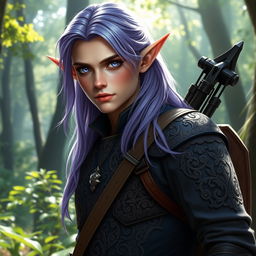 A realistic depiction of an elf standing confidently in a forest setting