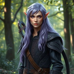 A realistic depiction of an elf standing confidently in a forest setting