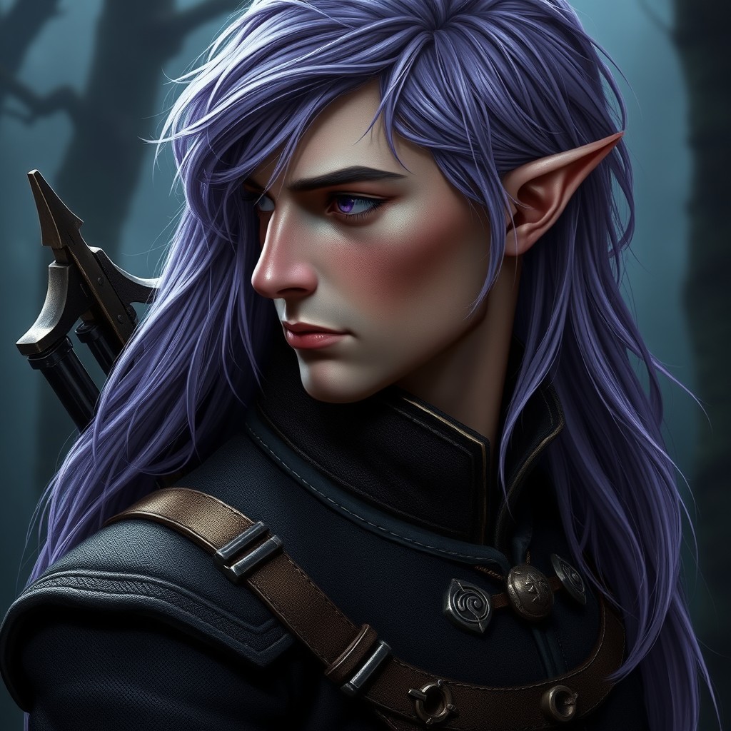 A realistic profile picture of a male elf, showcasing his stunning features in a dark fantasy style