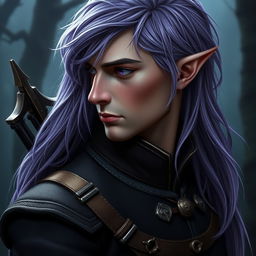 A realistic profile picture of a male elf, showcasing his stunning features in a dark fantasy style