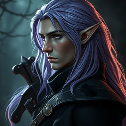 A realistic profile picture of a male elf, showcasing his stunning features in a dark fantasy style