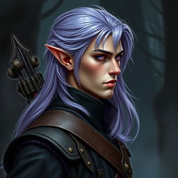 A realistic profile picture of a male elf, showcasing his stunning features in a dark fantasy style