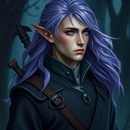 A realistic profile picture of a male elf, showcasing his stunning features in a dark fantasy style