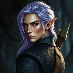 A realistic profile picture of a male elf, gazing forward with an intense and captivating expression