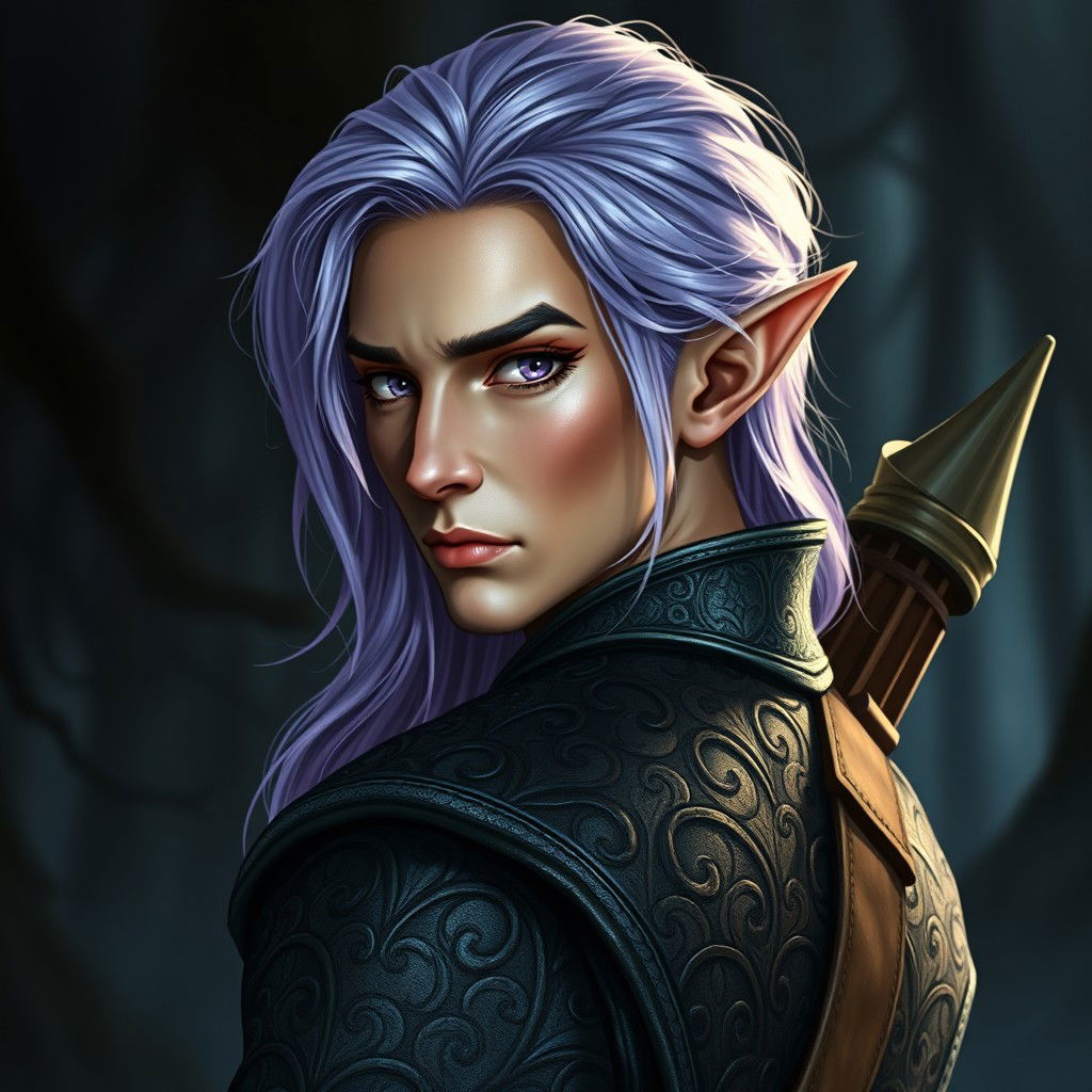 A realistic profile picture of a male elf, gazing forward with an intense and captivating expression