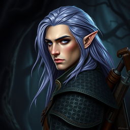 A realistic profile picture of a male elf, gazing forward with an intense and captivating expression