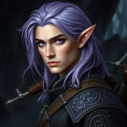 A realistic profile picture of a male elf, gazing forward with an intense and captivating expression