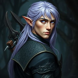A realistic profile picture of a male elf, gazing forward with an intense and captivating expression