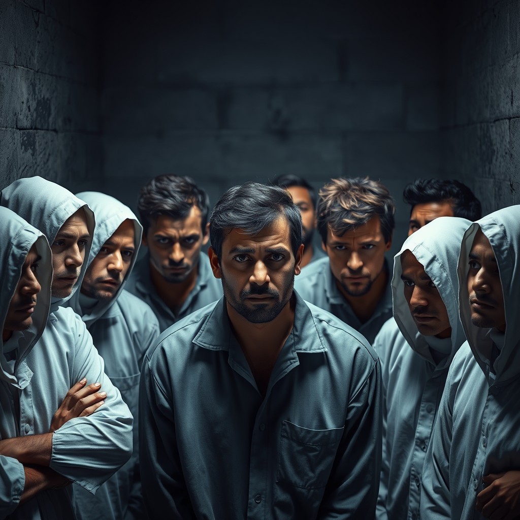 An intense and thought-provoking scene set in a stark prison environment