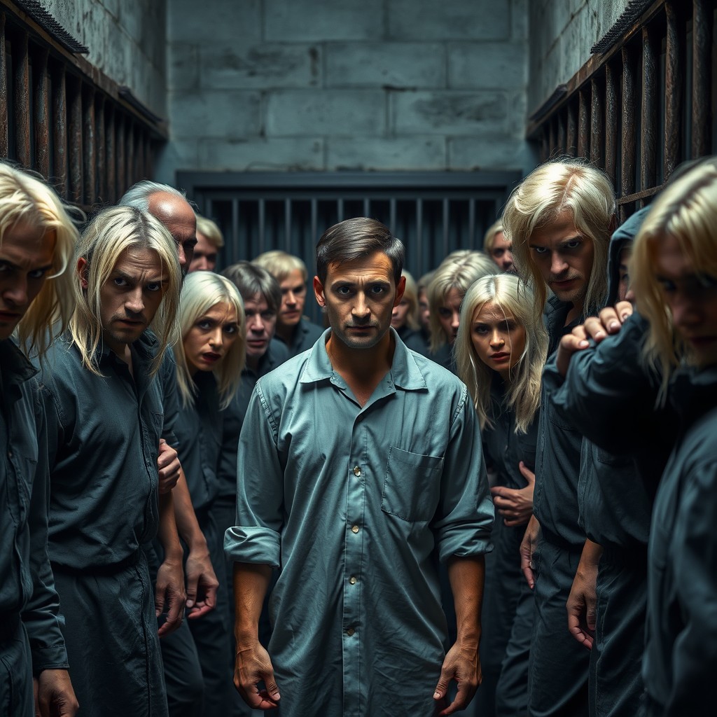 A dramatic and tense scene set in a grim prison environment