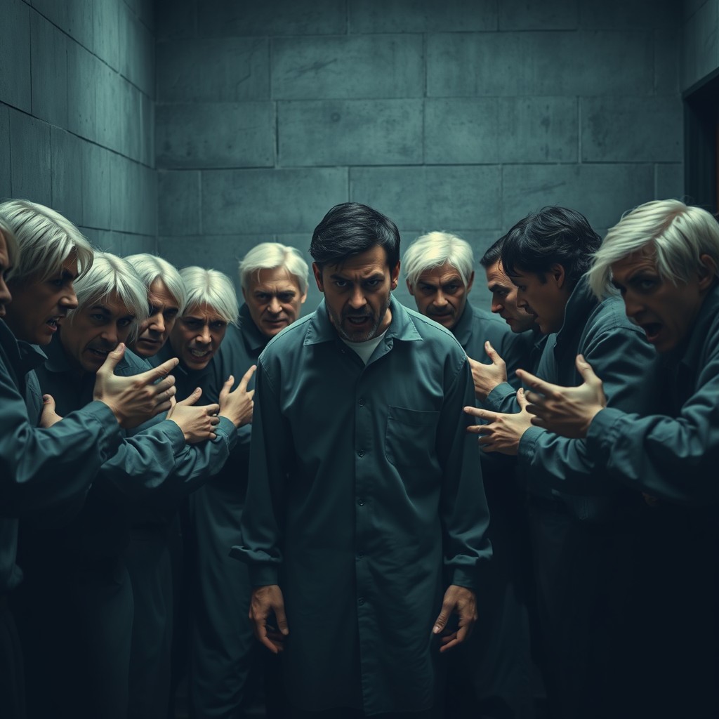 A tense and dramatic scene set in a stark prison environment
